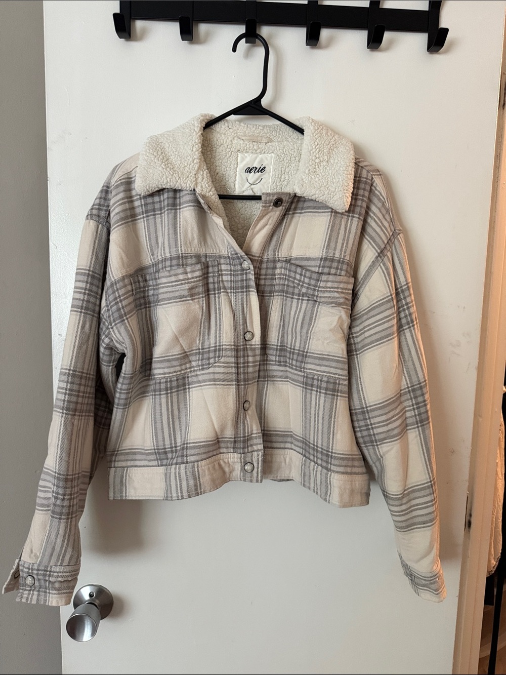 aerie Cream & Gray Plaid Sherpa Collar Jacket